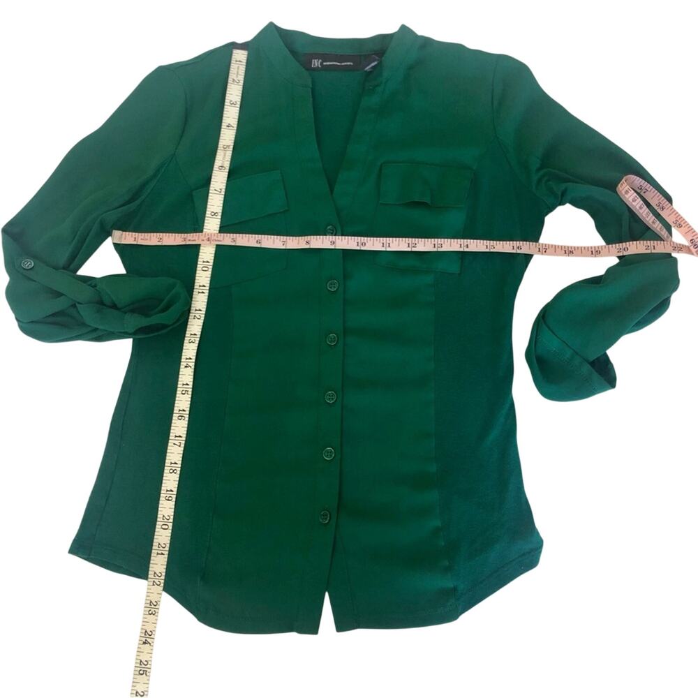 INC International Concepts Mixed Media Kelly Green Button Front Blouse - Picture 11 of 16